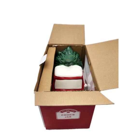 Holiday Time Christmas Tree Red Truck Cookie Jar Green Wreath Hand Painted - Picture 5 of 5